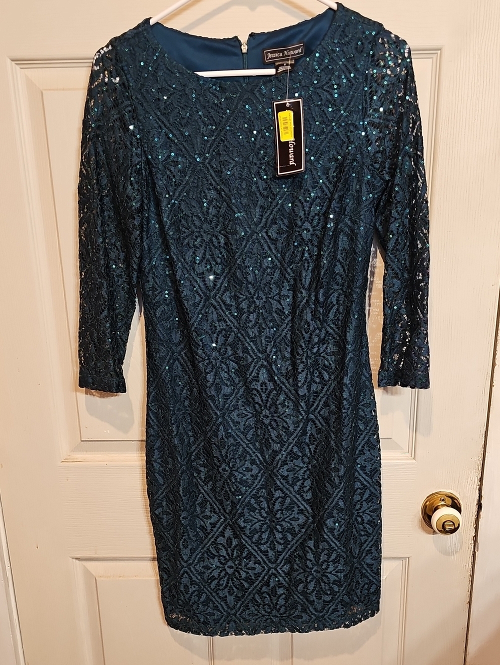 Jessica Howard Teal Lace & Sequin Sheath Dress with Three-Quarter Sleeves